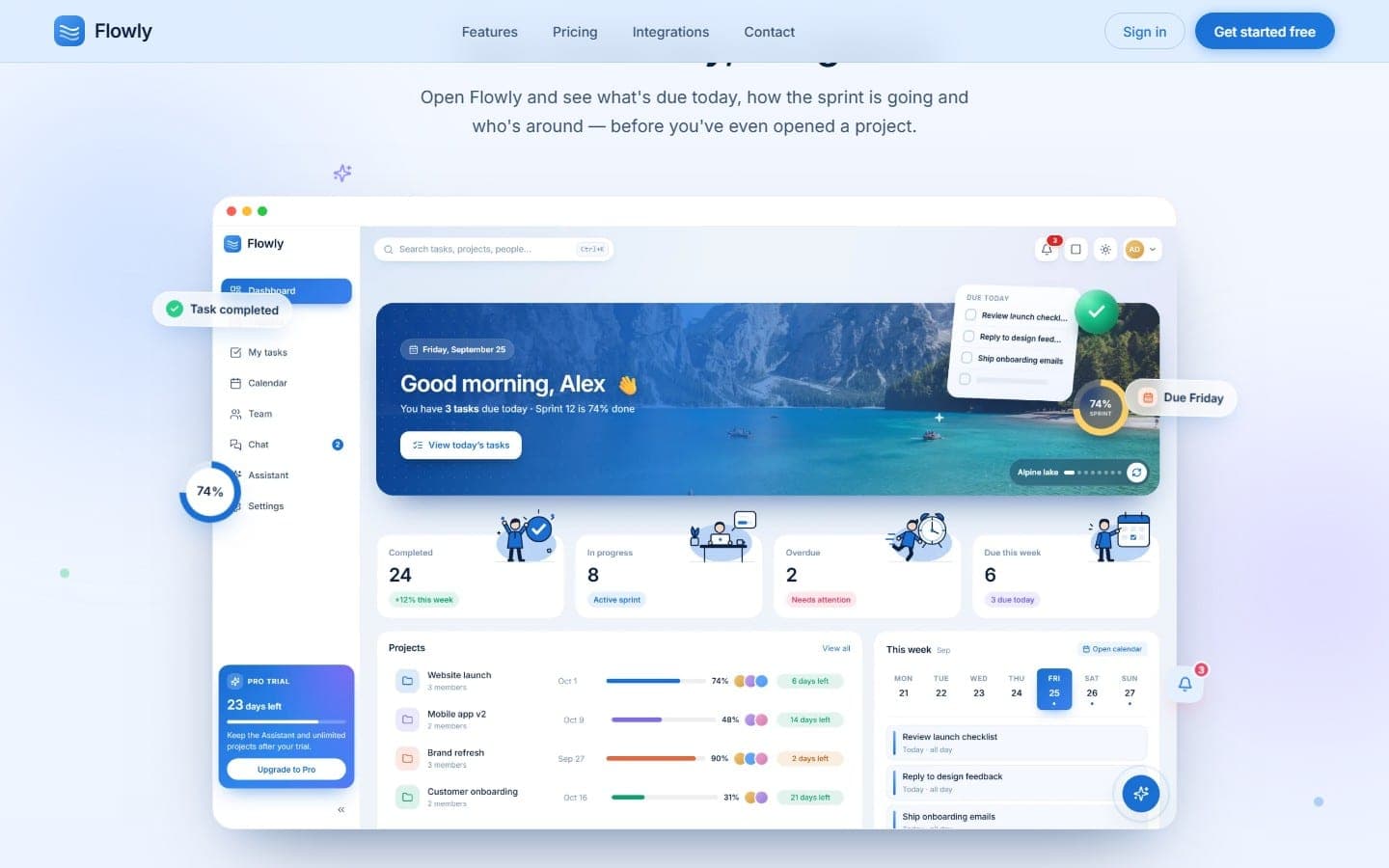 Flowly dashboard with today's tasks and team progress