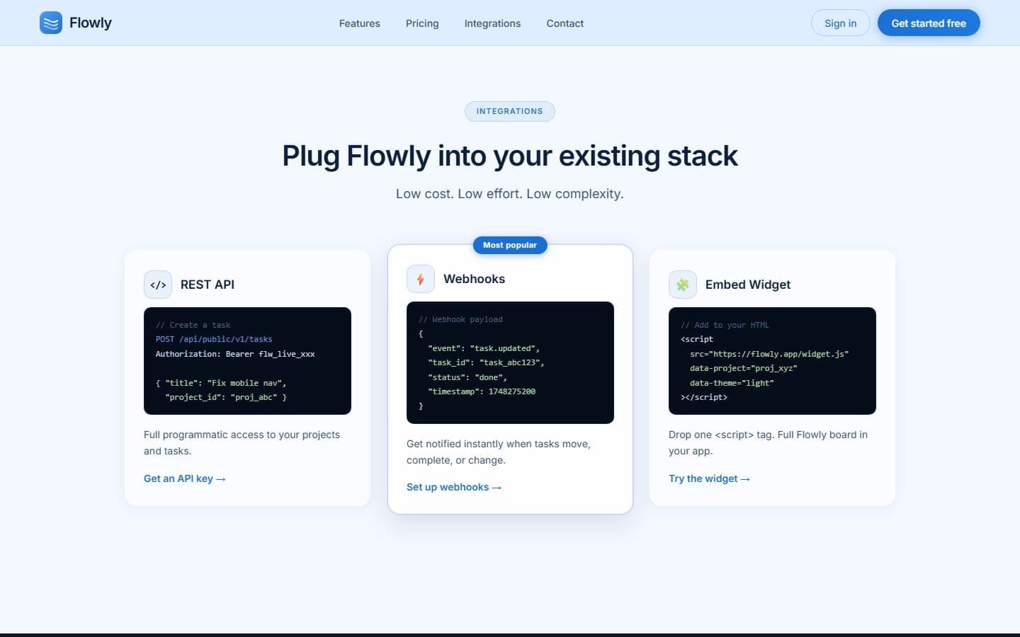 Flowly's API, webhook and embed widget options