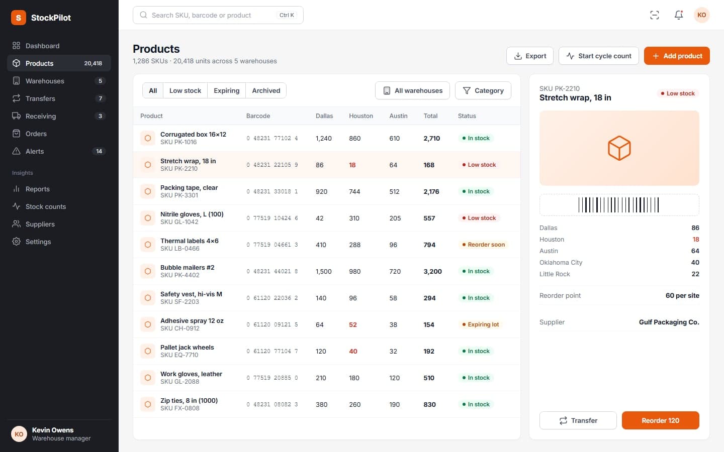 Product list with stock per warehouse and a product panel with its barcode