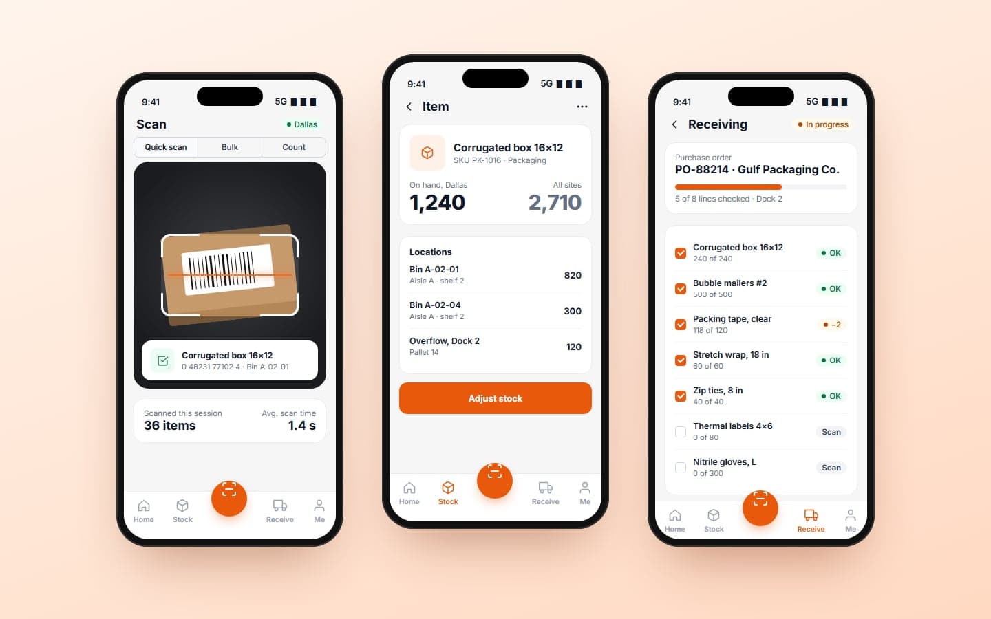 Phone app screens for scanning, item details and receiving a delivery