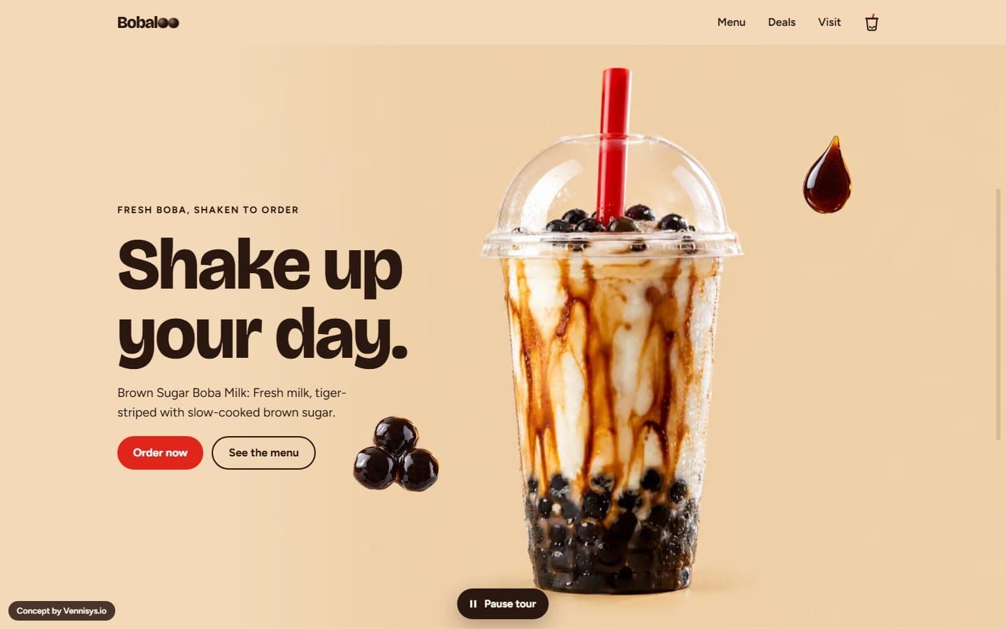 Bobaloo concept home page with a brown sugar boba