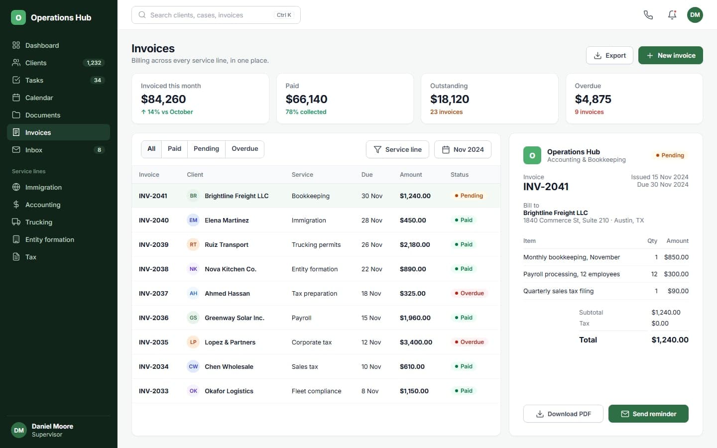 Invoices across every service line with an invoice preview