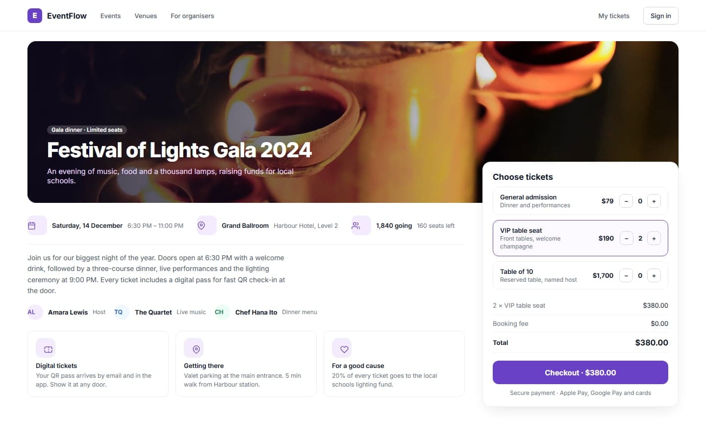 Public event page with ticket options and checkout