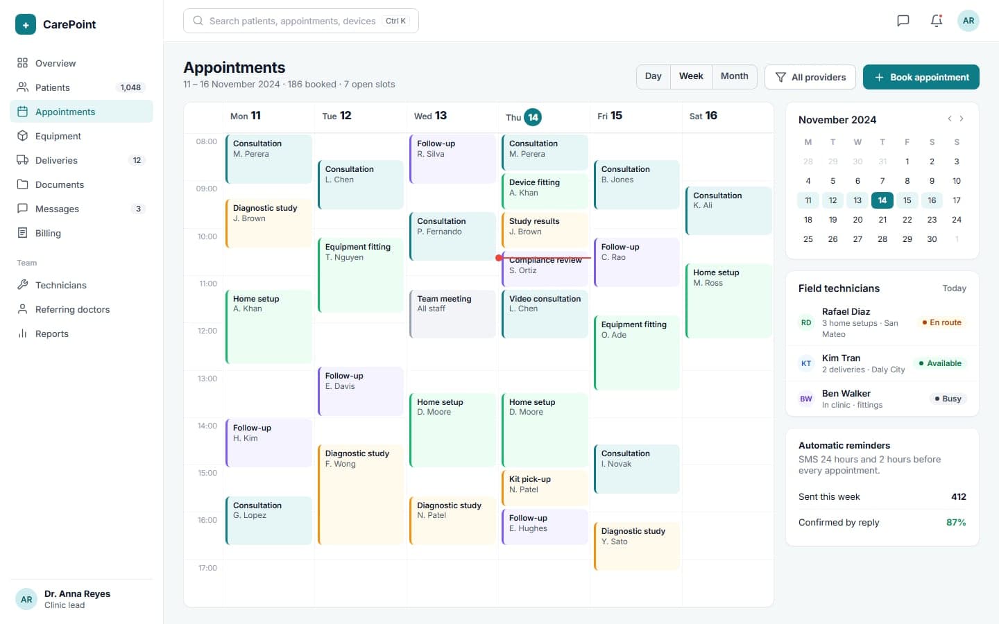 Week calendar of appointments by type with field technicians