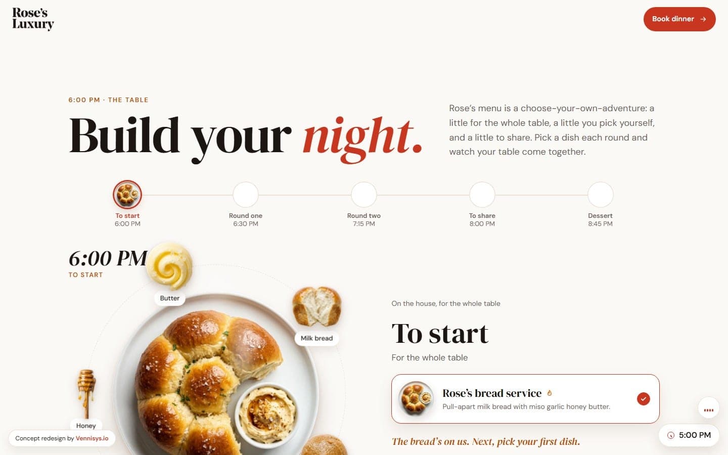 The "Build your night" menu, round by round