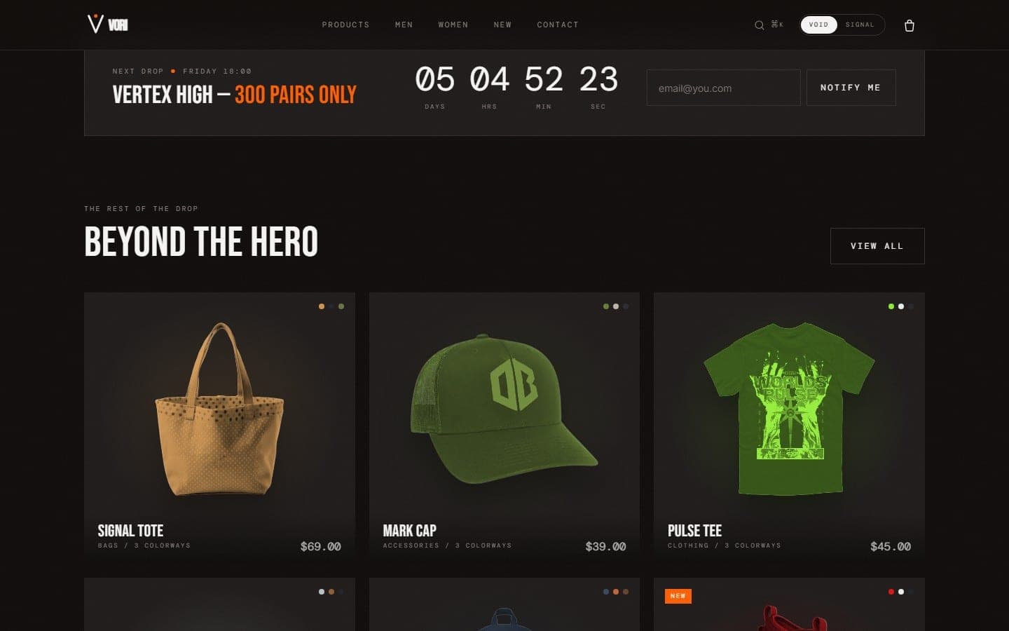 VORI product range with a countdown to a drop