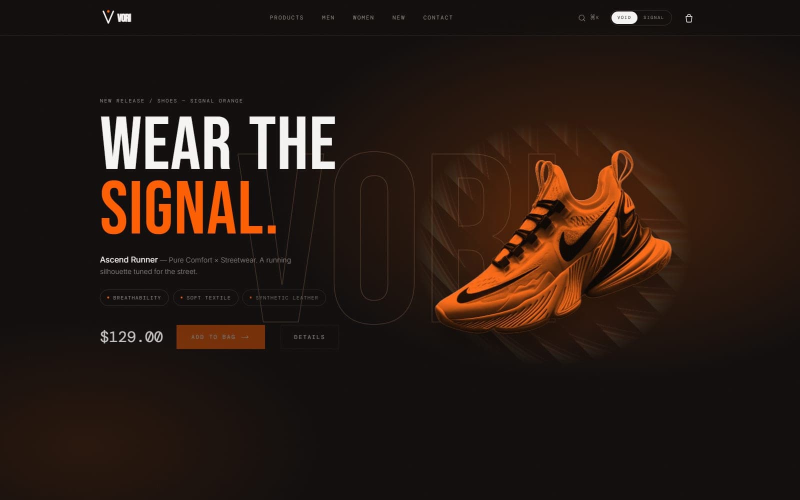 VORI home page with an orange running shoe